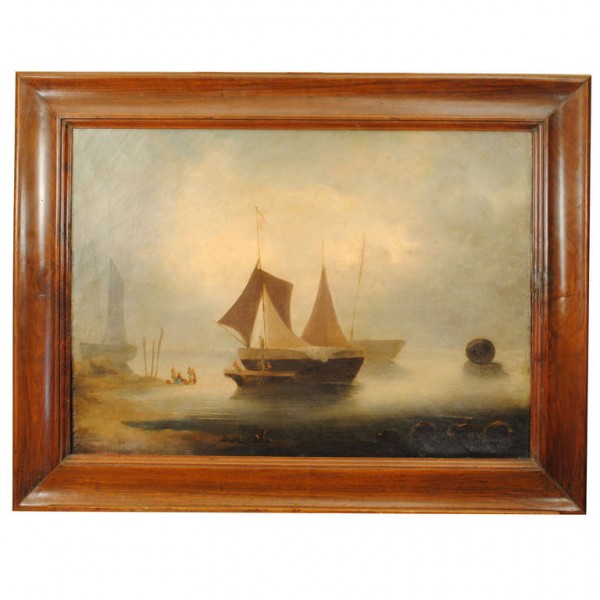 Oil on Canvas, Sailing Vessels in Harbor, signed "Dually"