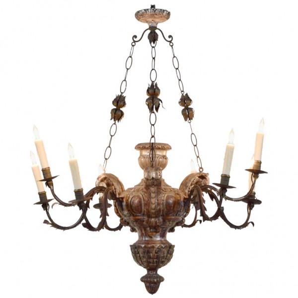 Carved and Silvered Wooden 9-Light Chandelier