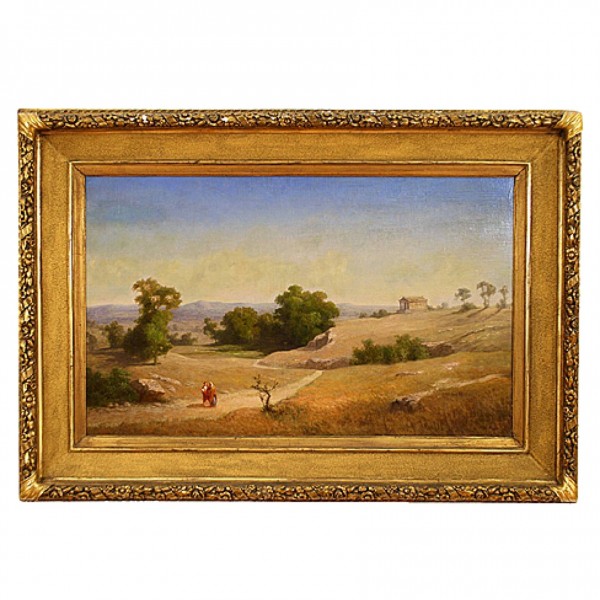 Oil on Canvas, Figures on a Path Walking Away from a Temple in a Hilly Landscape
