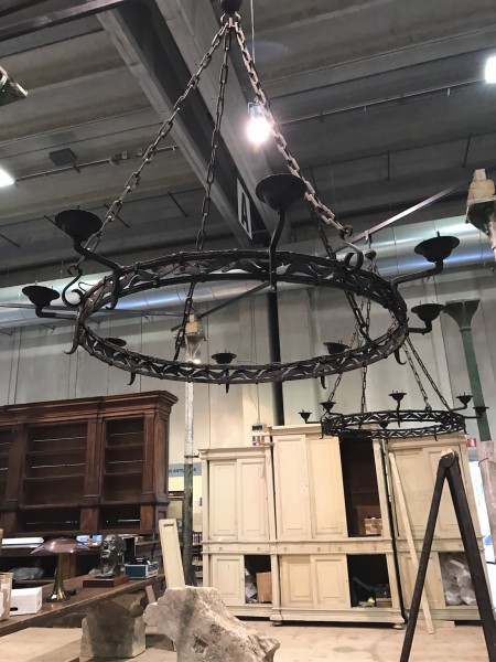 Massive Pair of Wrought Iron Ring Chandeliers
