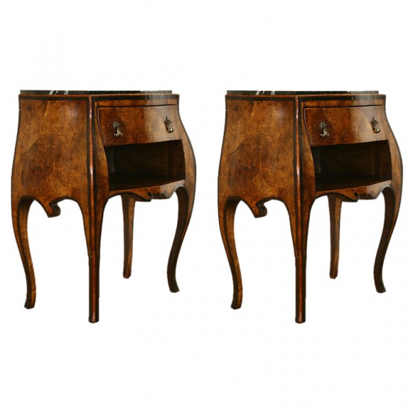 Burl Walnut and Ebonized 1-Drawer Side Cabinets with Marble Tops