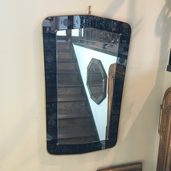 Brass and Blue Etched Glass Mirror