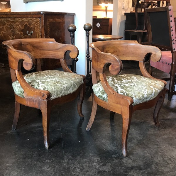 Pair of Walnut and Upholstered Open Fauteuils