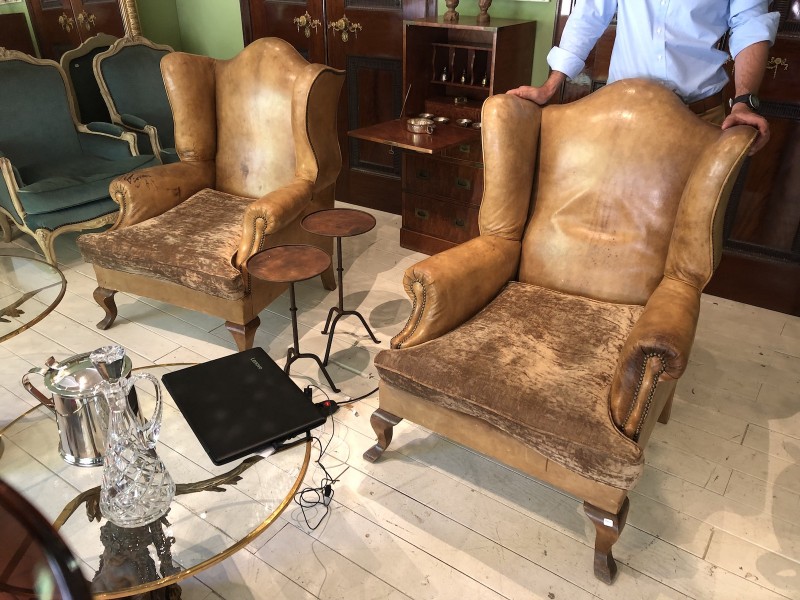 Pair of Walnut, Leather and Velvet Wing Chairs