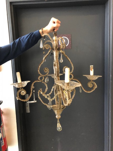 Gilt Iron and Glass 4-Light Chandelier