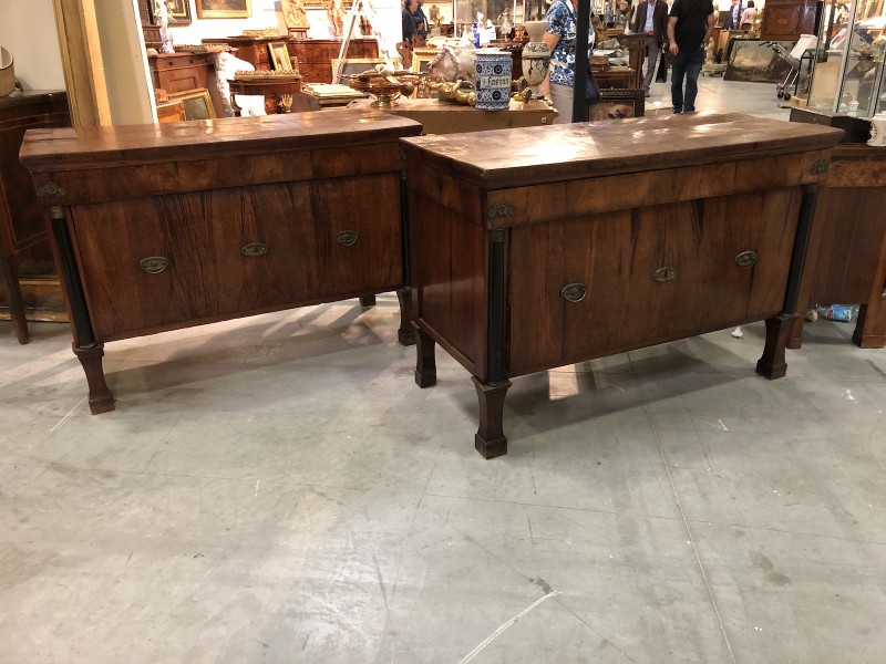 Pair of Empire Walnut Veneered and Ebonized Commodes