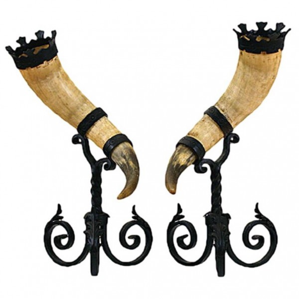 Pair of Wrought Iron Mounted Cow Horns