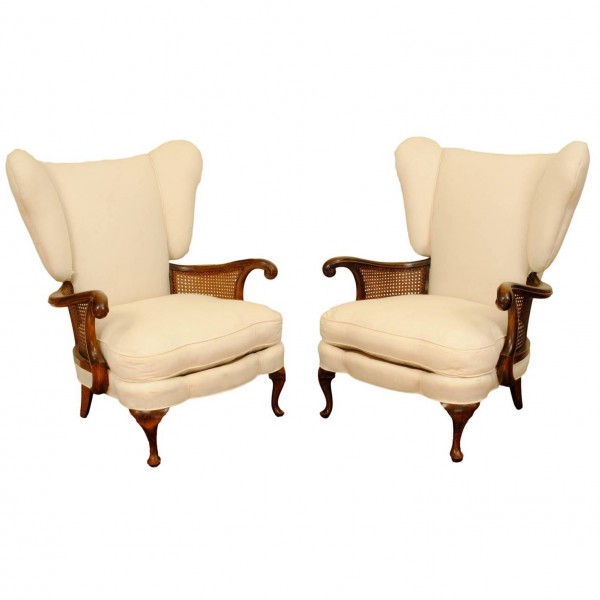 Pair of Upholstered and Cane Armchairs