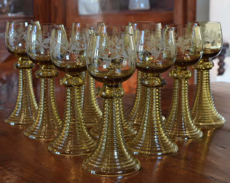 Set of 10 Blown and Etched Amber Glass Goblets