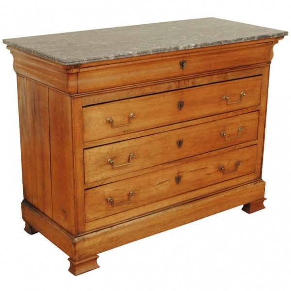 Light Walnut 4-Drawer Commode with Marble Top