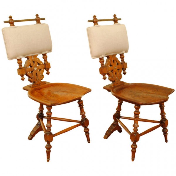 Pair of Interesting Walnut and Brass Hall Chairs