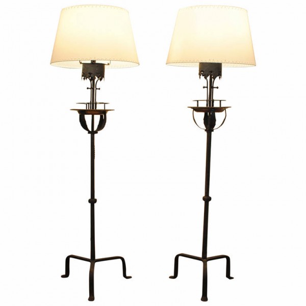 Pair of Wrought Iron and Copper Floorlamps
