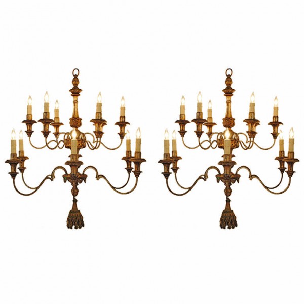Pair of 12-Light Chandeliers in Carved and in Silver Gilt