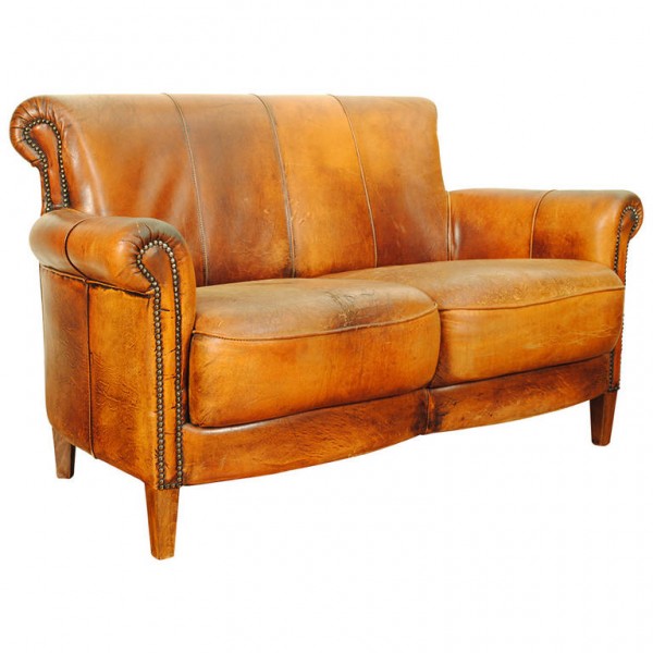 Leather Upholstered Settee Trimmed in Nailheads