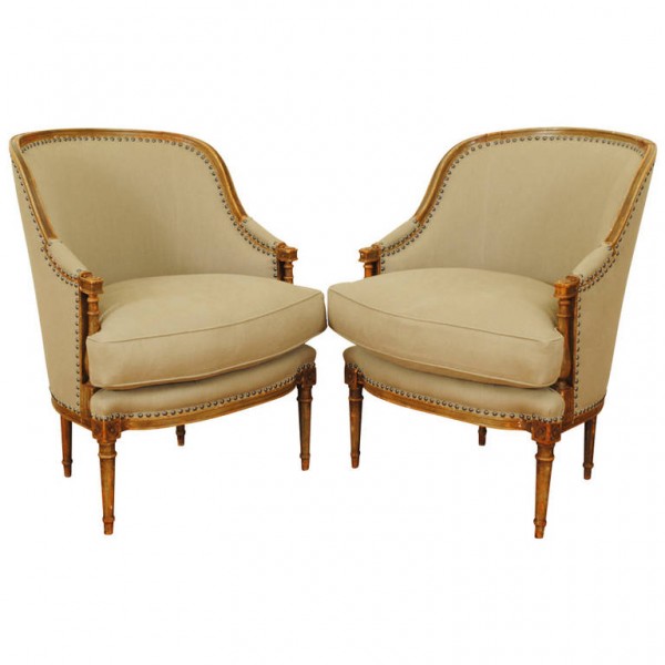 Pair of Carved, Painted and Upholstered Bergeres