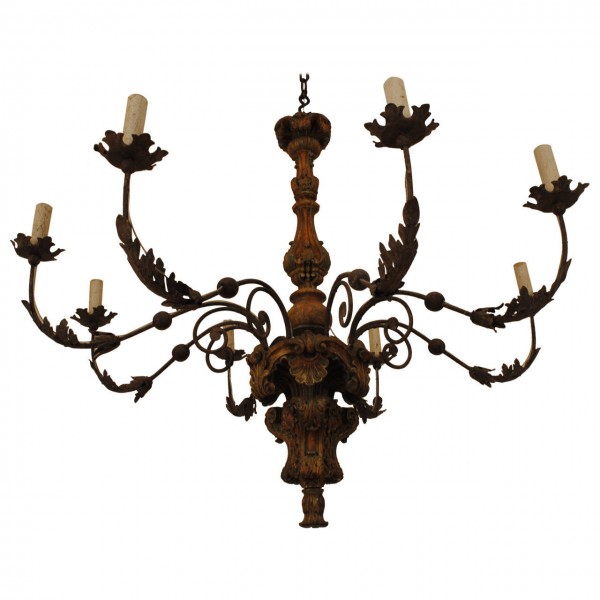 Large Carved Wood and Iron 8-Light Chandelier