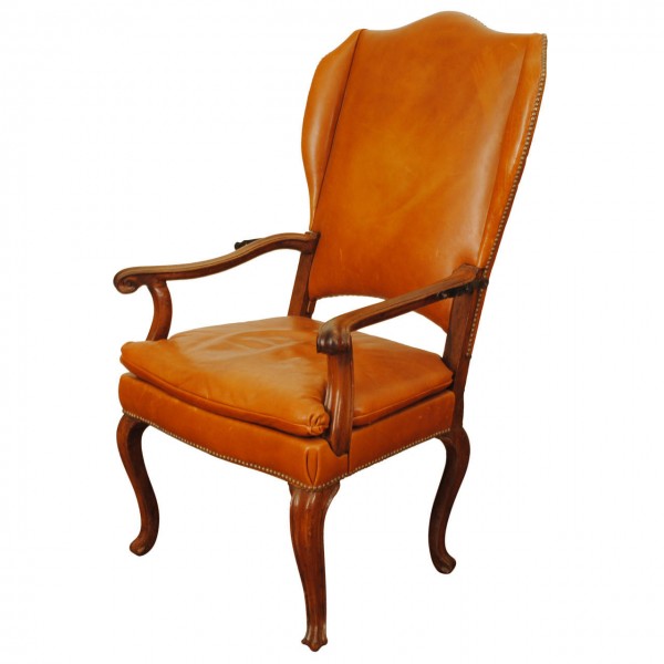 Walnut and Leather Upholstered Reclining Wing Chair