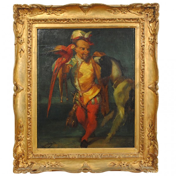 Signed Oil on Canvas, Jester with Parrot and Dog