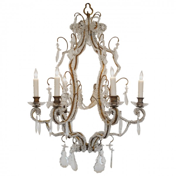 Gilt Iron, Brass and Glass 6-Light Chandelier