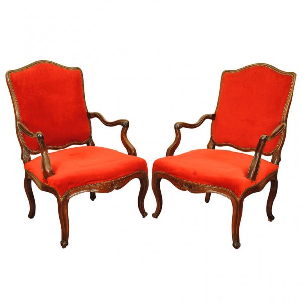 Pair of Walnut and Upholstered Fauteuils