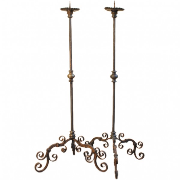 Pair of Wrought Iron and Brass Pricket Torcheres