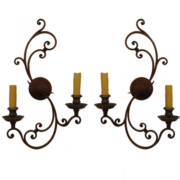 Pair of Wrought Iron and Brass 2-Arm Sconces