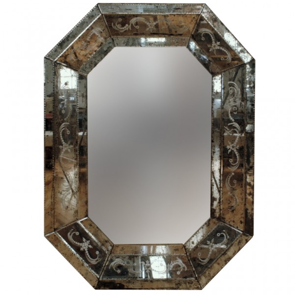 Elongated Octagonal Etched Glass and Bevelled Mirror