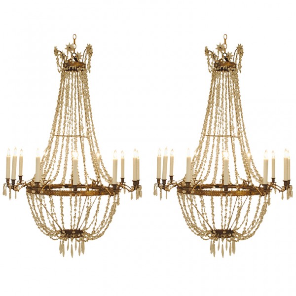 Pair Piemontese Brass & Glass 12-Light Chandeliers