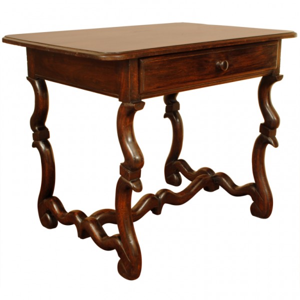 Carved Walnut and Oak 1-Drawer Table