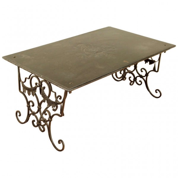 Carved Slate Table on Later Wrought Iron Base