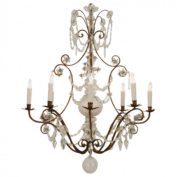 Gilt Iron and Glass 8-Light Chandelier