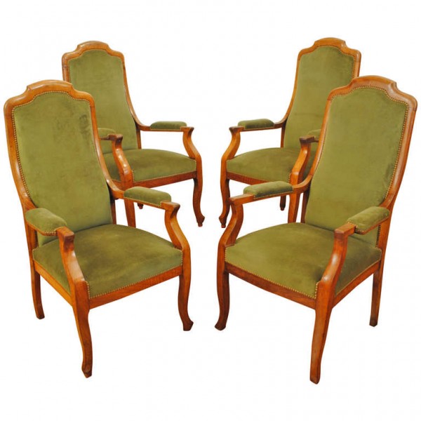 Set of Four Walnut and Upholstered Fauteuils