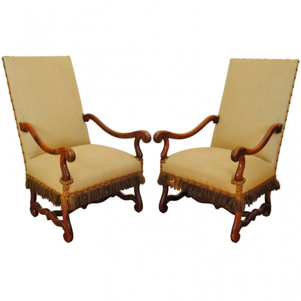 A Pair of  Walnut and Upholstered Fauteuils