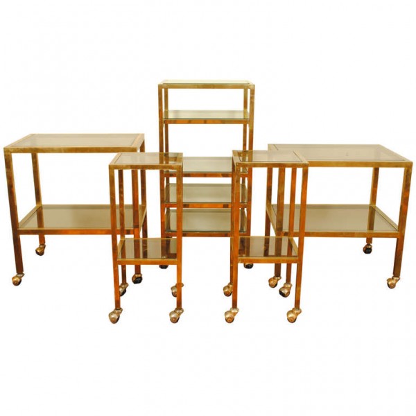 Set of 5 Brass and Glass Etageres with Original Casters 