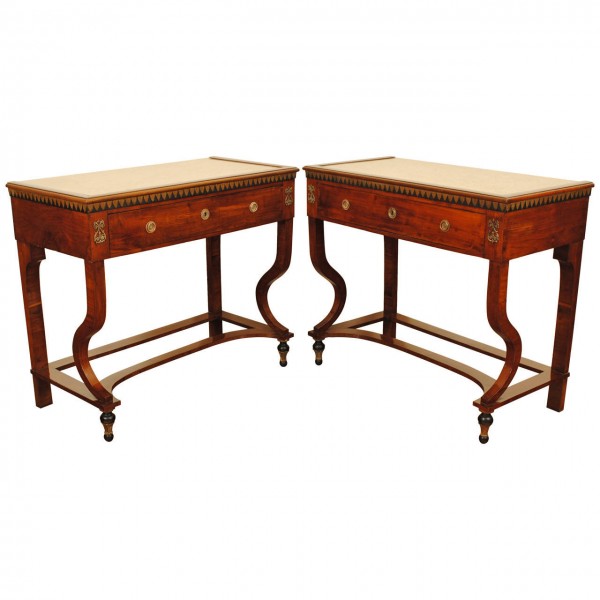 Pair of Fruitwood, Ebonized, & Carved Giltwood Marble-Top Consoles