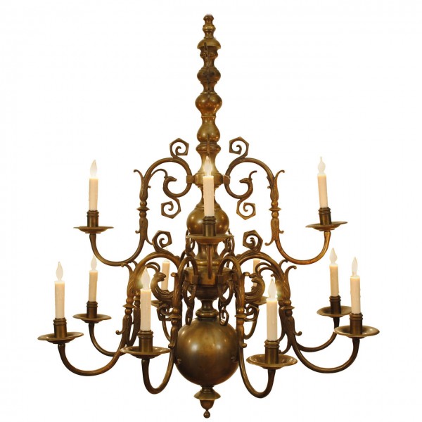 Cast Bronze 12-Light Two-Tiered Chandelier
