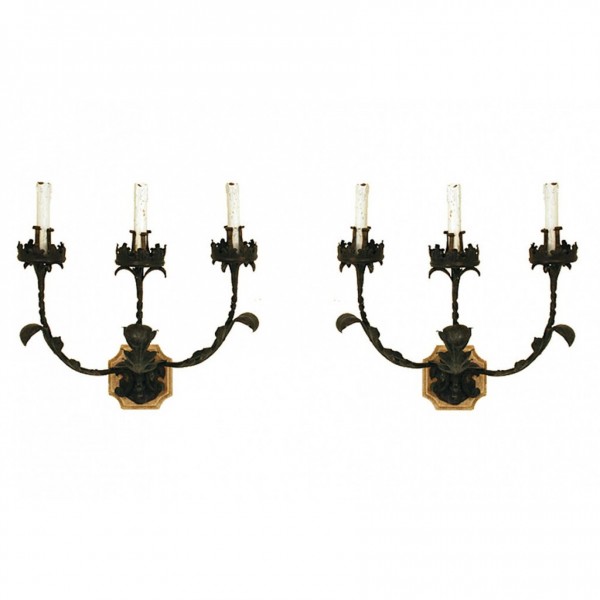 Pair of Painted Wrought Iron and Wooden 3-Light Sconces