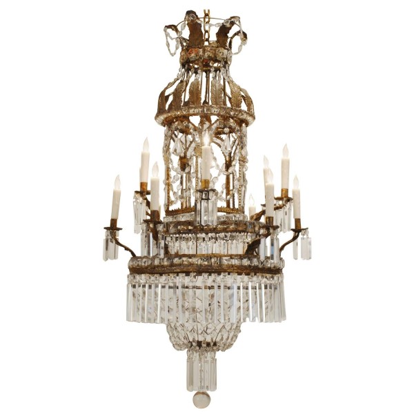 Pressed Brass, Iron, & Glass 12-Light Chandelier