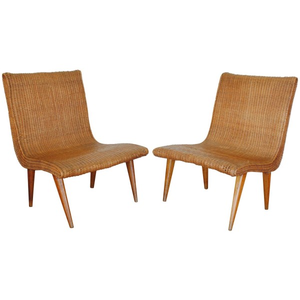 Pair of Wooden and Rattan Upholstered Chairs