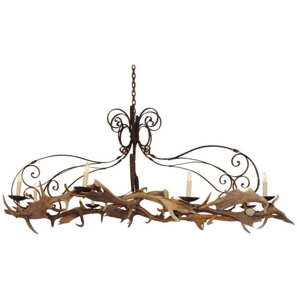 Large Oval Shaped Wrought Iron and Daino Antler 8-Light Chandelier