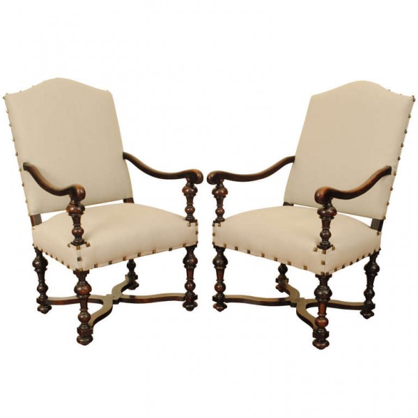 Pair of Walnut and Upholstered Fauteuils