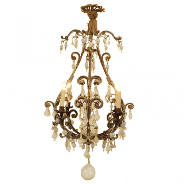 Gilt Iron and Murano Glass 4-Light Chandelier