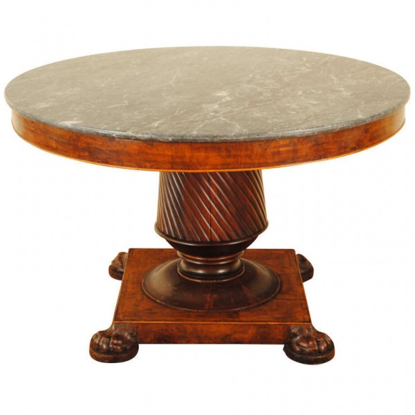 Walnut, Boxwood, and Maple Large Center Table with Marble Top
