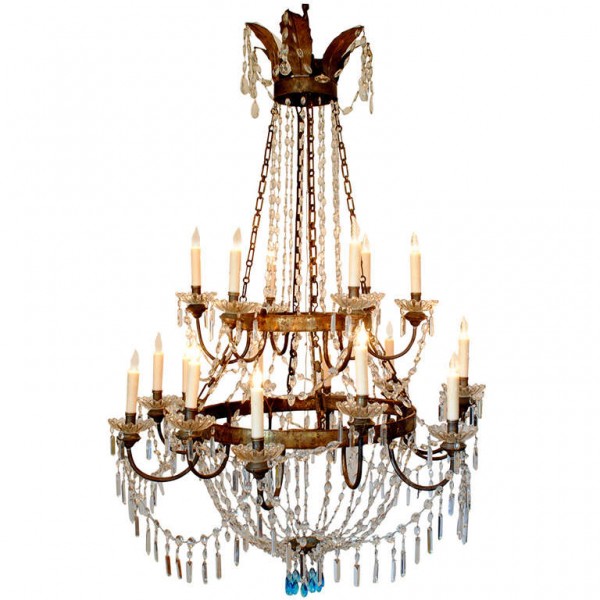Large 18-Light Patinated Brass Chandelier