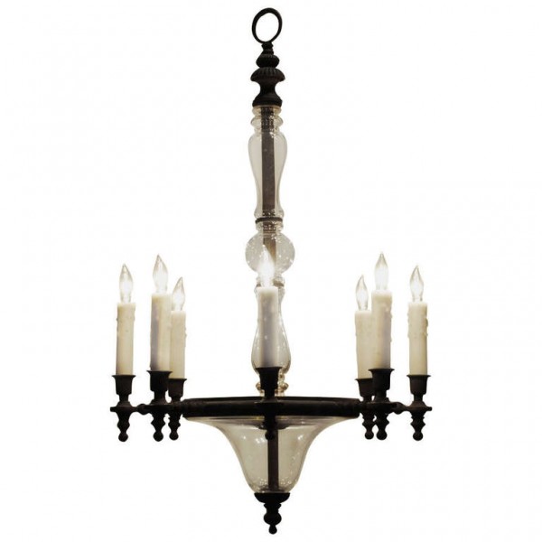 Patinated Brass and Glass 8-Light Chandelier
