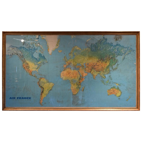 Large Vintage Air France Route Map in Gilded Frame, Signed Massó