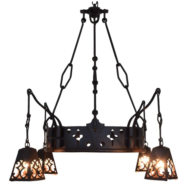Signed Wrought & Cast Iron Chandelier with Hanging Lanterns