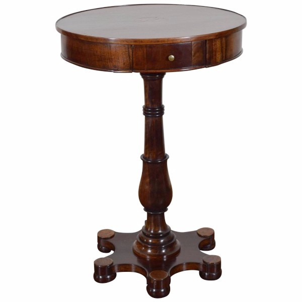 Walnut and Inlaid 1-Drawer Table on 6-Footed Base