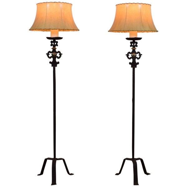 Pair of Wrought Iron Torcheres Mounted as Floor Lamps