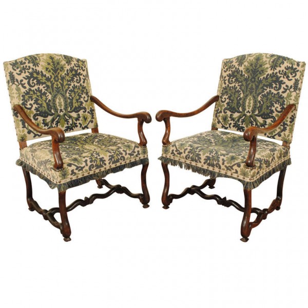 Pair of Dark Oak and Upholstered Fauteuils